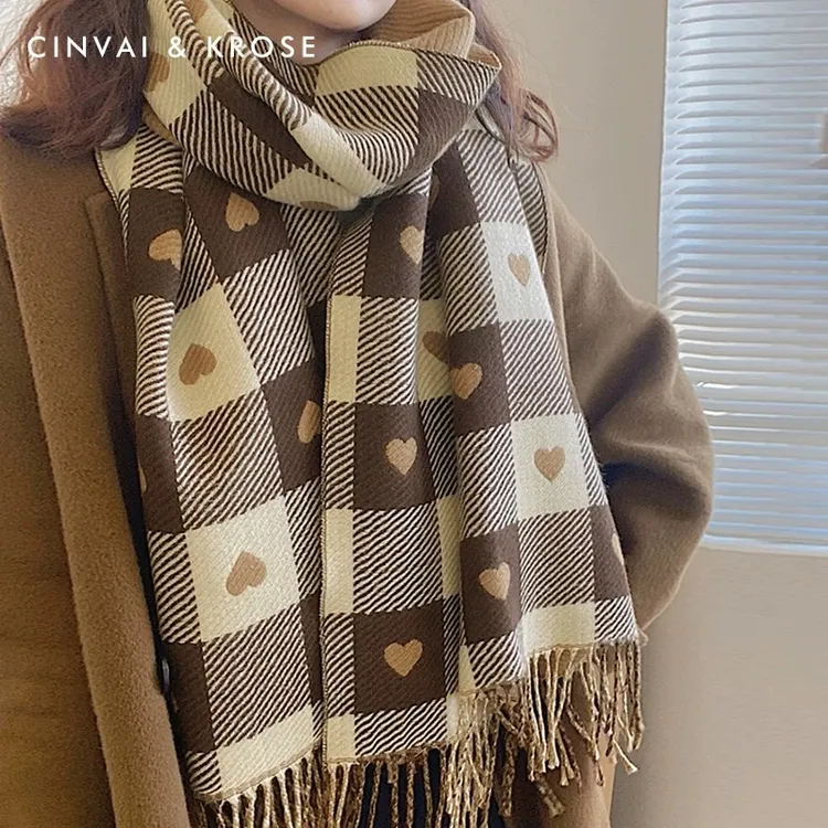 【爱心方块】软fufu~保暖时尚爱心格纹围巾女士百搭潮