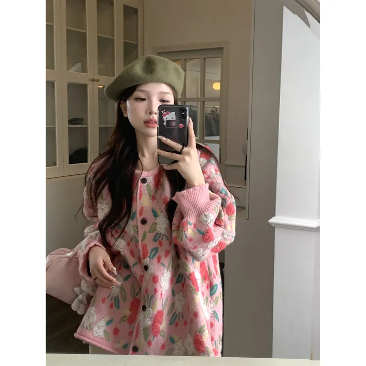 韩系复古慵懒风甜美减龄粉色植绒立体花朵软糯毛衣女时尚百搭上衣