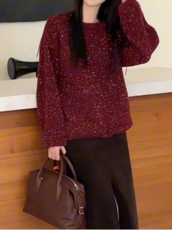 【Jasoncolors】T秋冬亮闪闪百搭显瘦休闲保暖高级打底衫红色毛衣