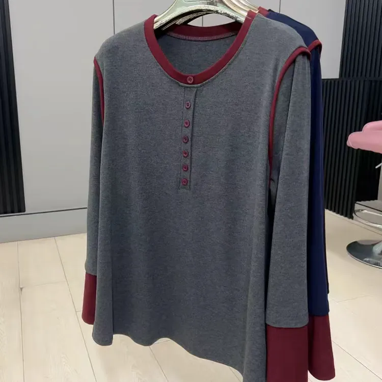 3194拼色老钱风常规款女长袖圆领T恤百搭套装时尚