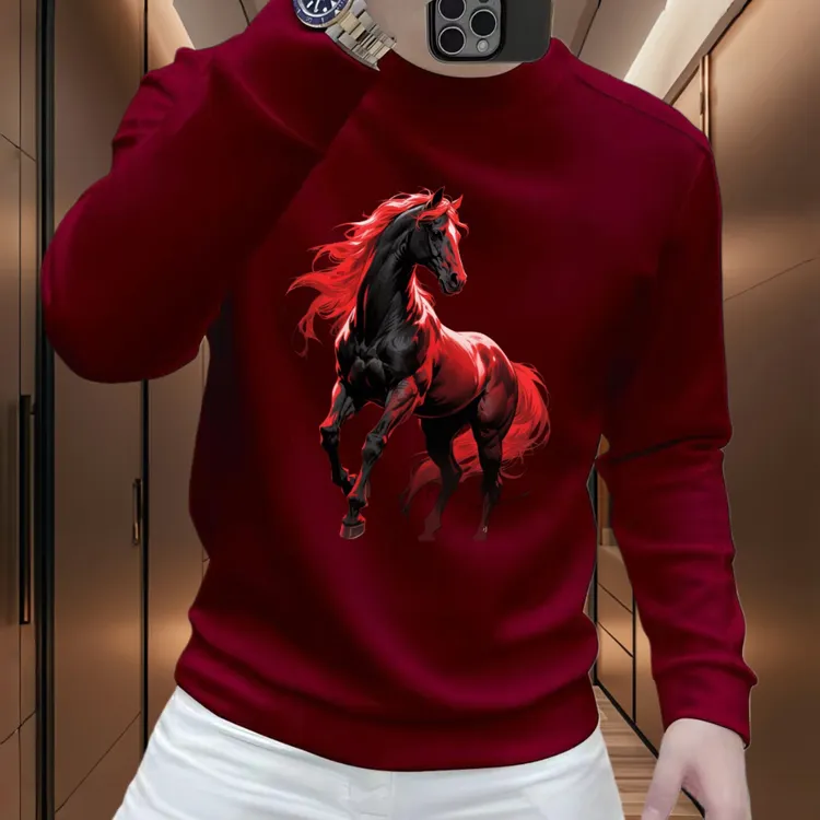 2026秋冬马年本命年红色圆领男士长袖秋冬加绒潮流个性印花卫衣