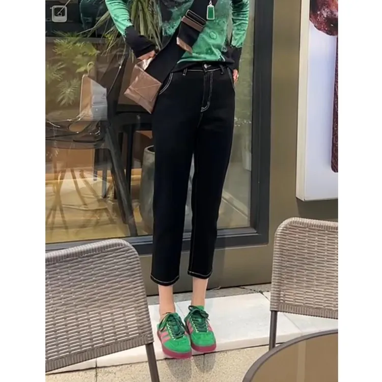 2025年春季新款高腰九分烟管牛仔裤女梨型身材大码弹力显瘦直筒裤
