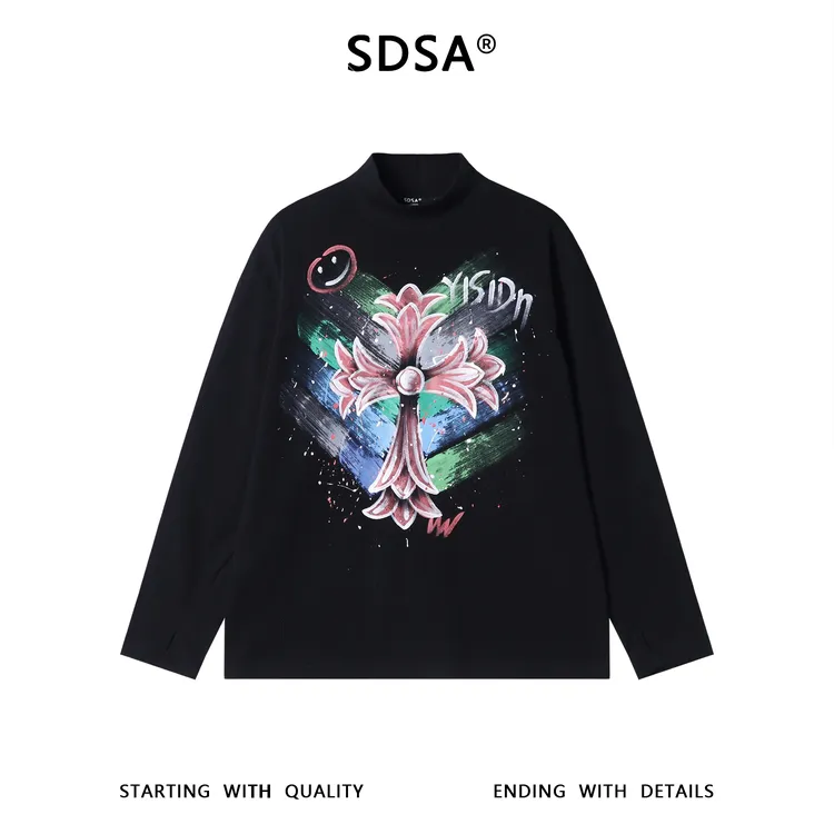 SDSA男士秋冬新款痞帅男装简约彩色泼墨手绘字母立领长袖T恤百搭