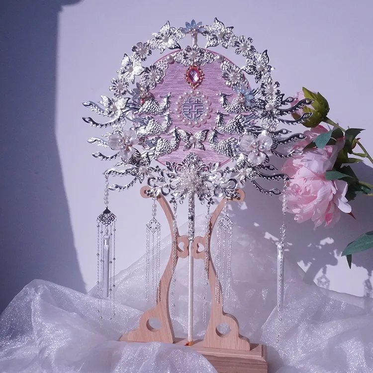 闺蜜新婚礼物中式婚礼新娘结婚粉色双面团扇手工DIY成品古典喜扇