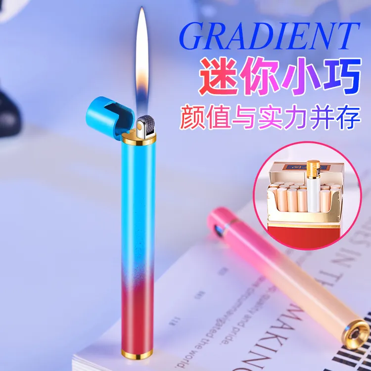 高颜值迷你圆柱烟型砂轮打火机充气明火金属渐变色纤细小巧便携带