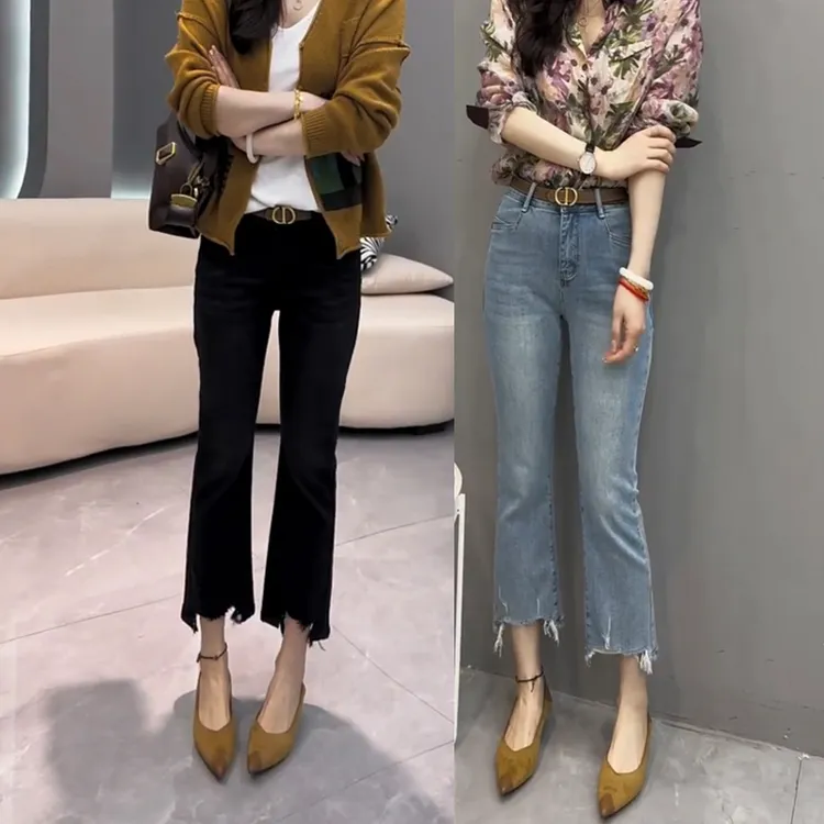 春季新款毛边微喇叭裤女高腰修身弹力显瘦牛仔裤气质洋气九分裤潮
