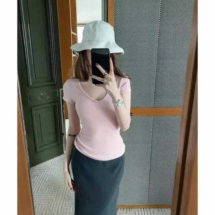 Moses Queen/魔西女王粉色正肩短袖T恤圆领/V领亲肤软糯修身上衣