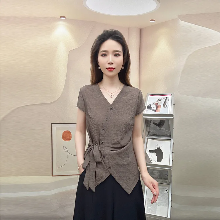 2025夏季新款绑带不规则短袖T恤女法式洋气衣服小众时尚纯色流苏