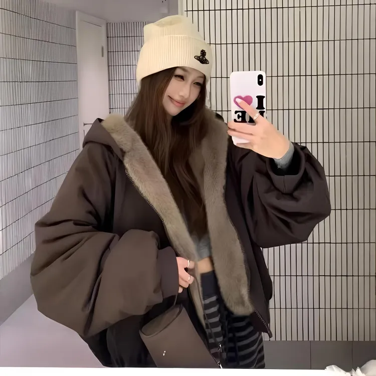 双面穿派克服2025年冬装新款棉服女座山雕慵懒感加绒加厚棉衣外套