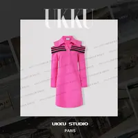 沐【UKKU STUDIO】早秋茶歇法式风时尚玫红色条纹连衣裙314663