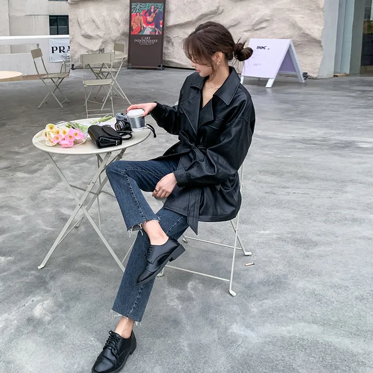 时尚秋季韩版上衣短款皮衣春秋宽松休闲外套女装气质小个子翻领机