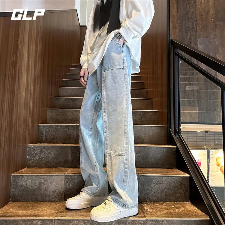 高端美式高街拼接牛仔裤男生2025春秋新款宽松休闲松紧腰阔腿长裤
