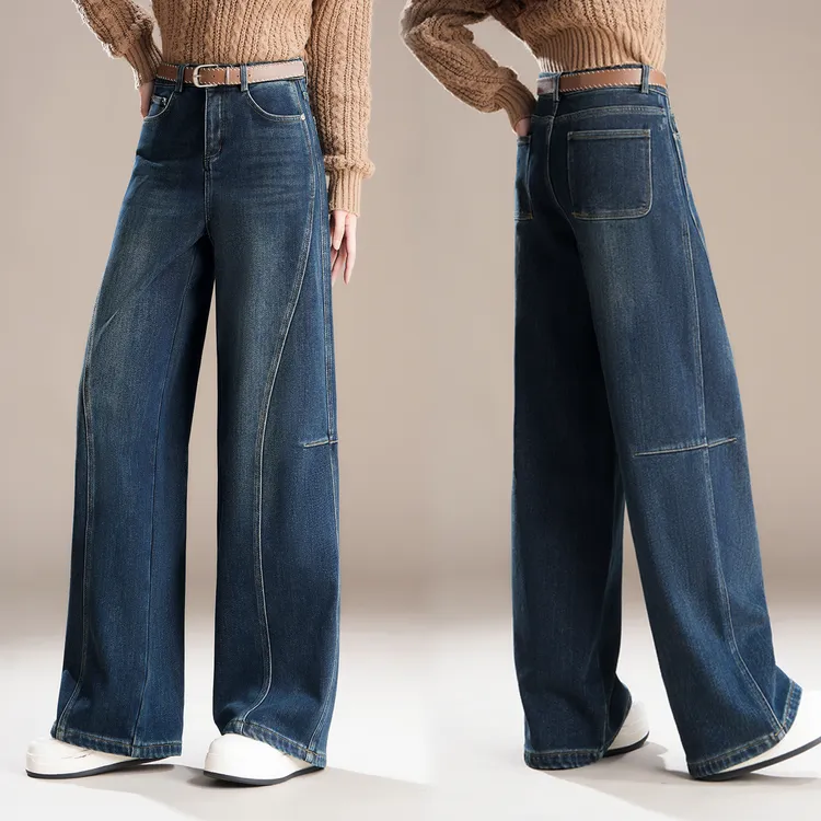 商场同款爆款2025冬装新款加绒复古弯刀牛仔裤高腰显瘦阔腿裤子