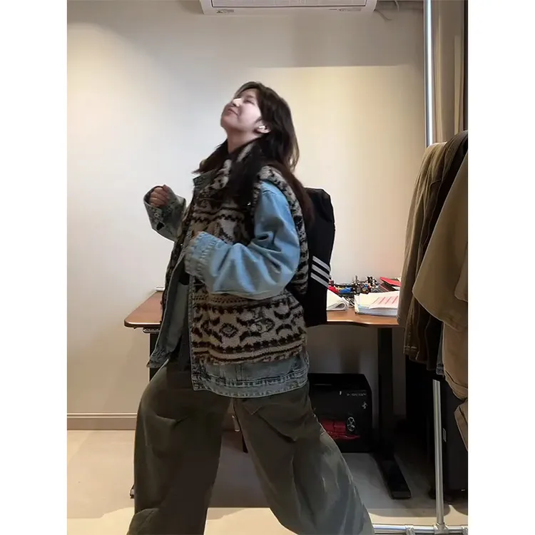 MARIE.COCO秋冬新款费尔岛背心马甲叠穿牛仔外套工装休闲裤套装