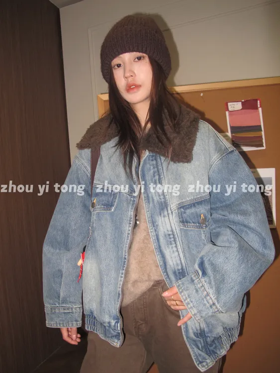 【复古手札】秋冬新款复古水洗牛仔外套加厚毛领拼接棉衣ZYT0024
