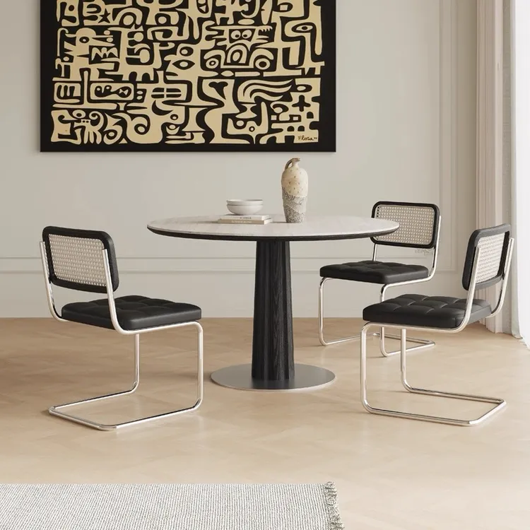 中古风洞石岩板小圆桌复古家用小户型实木圆餐桌圆形洽谈桌椅组合