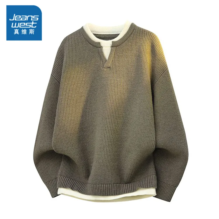 真维斯日系休闲假两件针织衫男生秋季套头上衣情侣慵懒风百搭毛衣