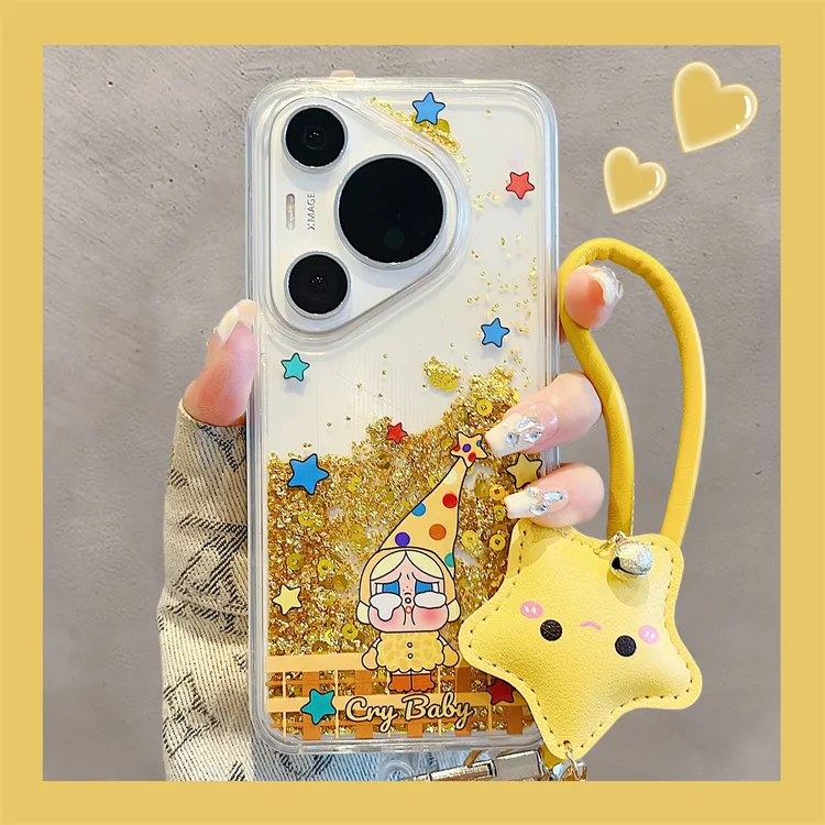 适用华为pura70pro+手机壳金色流沙可爱哭泣女孩pura80pro透明壳