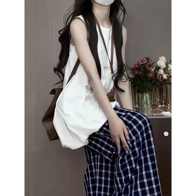 夏新款韩系慵懒感无袖圆领灯笼连衣裙高腰蓝白格纹阔腿裤两件套女