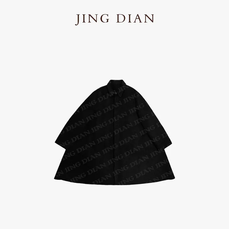 【JING DIAN】黑色小翻领极简斗篷全驼绒大衣1990