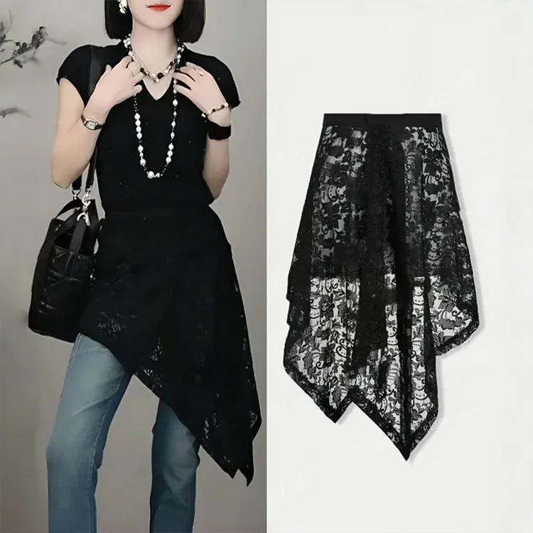 爆款时尚复古设计显瘦蕾丝半身裙屁帘夏季新款不规则2025短裙围裙