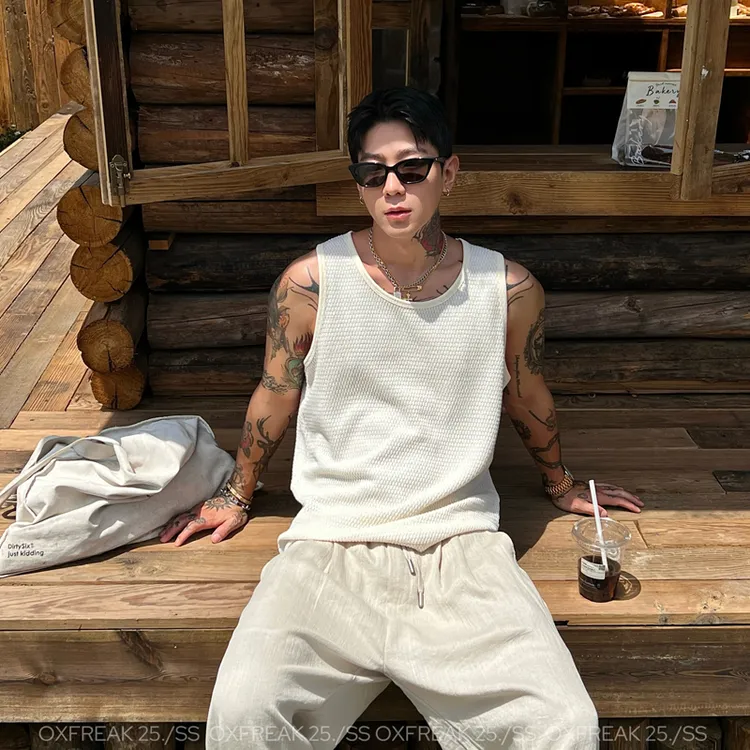 OXFREAK「蜂窝格 肌理提花」老钱针织工字背心男修身弹性无袖t恤