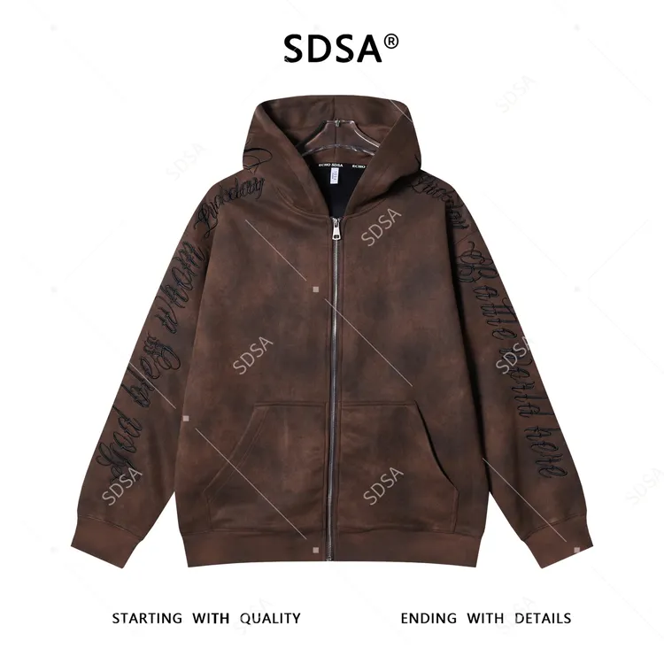 SDSA男士秋冬新款痞帅男装美式扎染撞色刺绣字母拉链连帽卫衣百搭