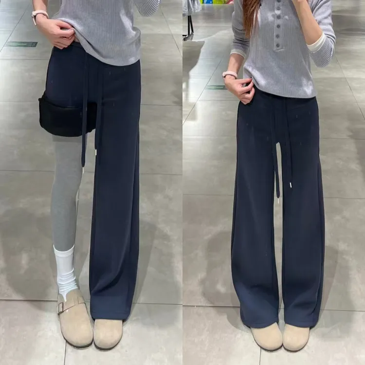 lulu平替加绒运动裤女秋冬2025新款高腰休闲宽松阔腿抽绳直筒裤子