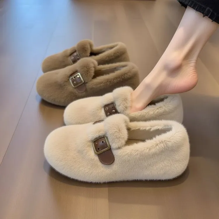 毛绒白色毛茸茸毛毛鞋女平底外穿秋冬新款配裙子软底加绒豆豆鞋