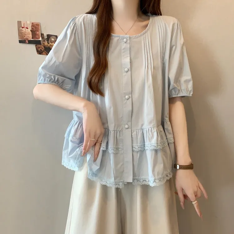 大码法式设计感蕾丝拼接短袖衬衫女夏季胖MM宽松显瘦百搭洋气上衣