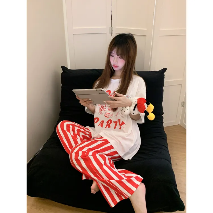 【卡通米奇】字母短袖睡衣女夏季宽松显瘦条纹长裤家居服睡衣推荐