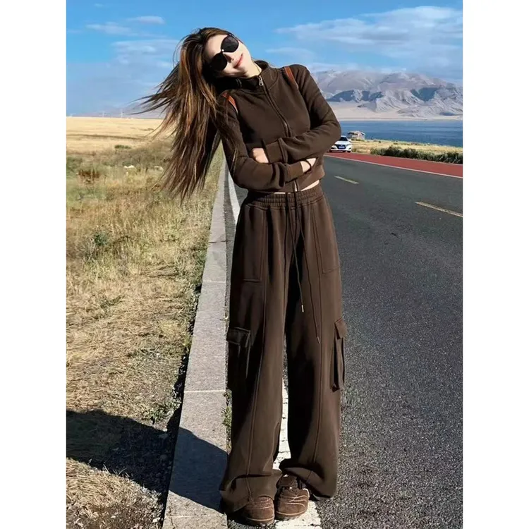 欧货高级感美拉德咖色休闲运动卫衣套装女春秋时尚洋气酷飒两件套