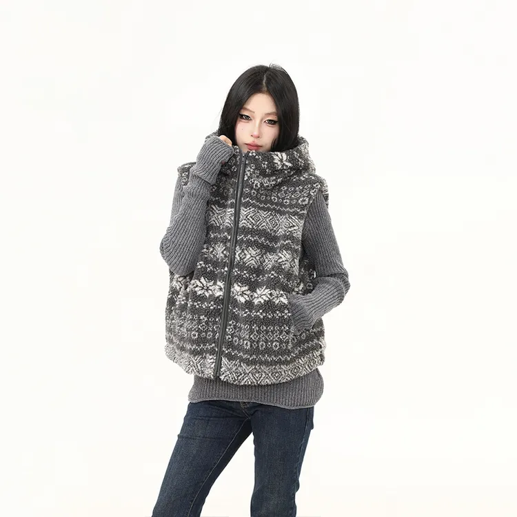 爆爆糖复古羊羔绒立领花纹夹棉马甲外套男女穿搭摇粒绒秋冬叠穿冬