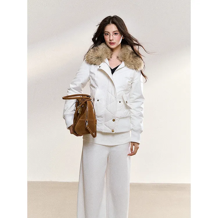 美式原创设计复古毛绒拼接白色短款外套女秋冬季修身保暖夹克上衣