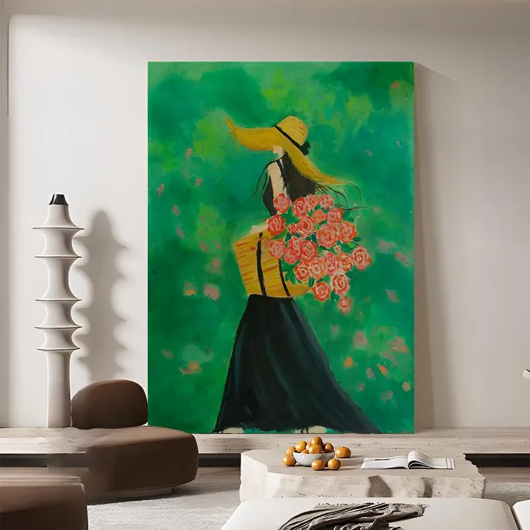 小众文艺少女花卉装饰画中古风客厅落地画挂画高级感绿色人物壁画