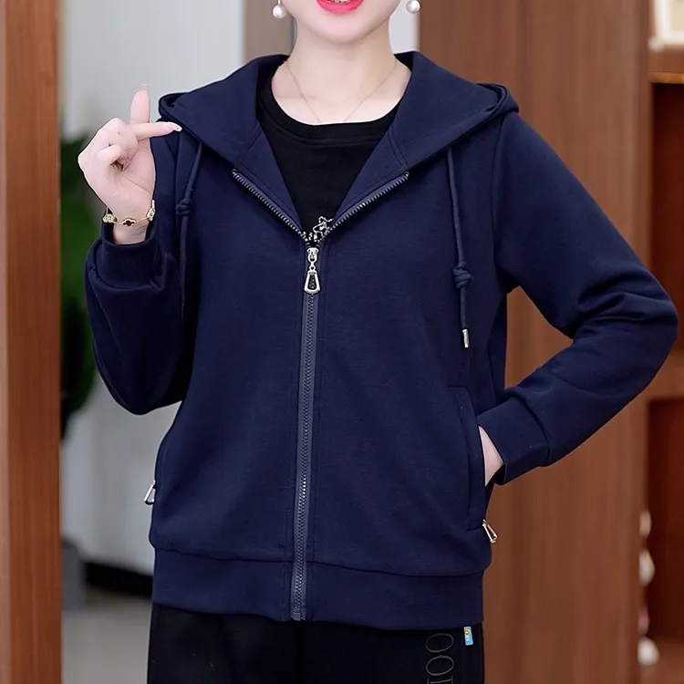 女士连帽卫衣开衫春秋季中老年妈妈休闲百搭运动外套女装长袖上衣