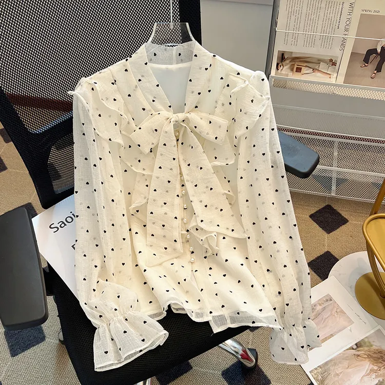 春秋新款法式气质洋气名媛甜美荷叶边衬衣系带珍珠扣长袖衬衫上衣