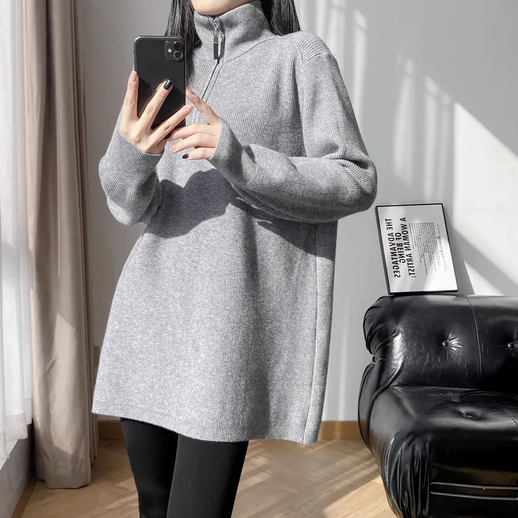 秋冬半拉链高领长袖中长款毛衣宽松遮屁股上衣配鲨鱼裤打底针织衫