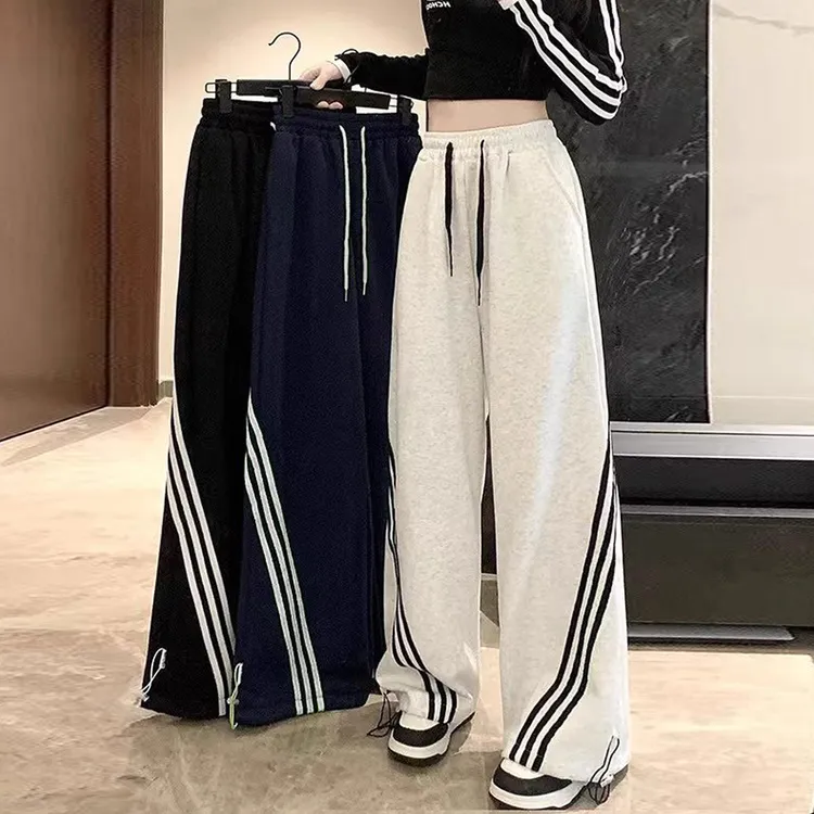 春秋新款三条杠阔腿裤女高腰显瘦显腿长休闲运动裤设计感抽绳长裤