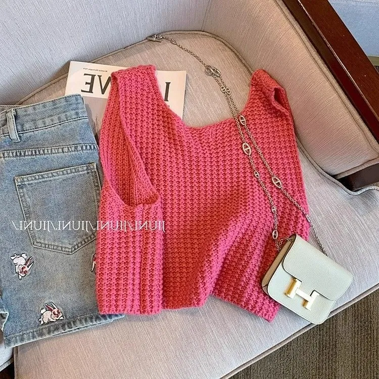 【针织】2025春夏特大码300斤玫红色华夫格无袖吊带背心女通勤休闲t