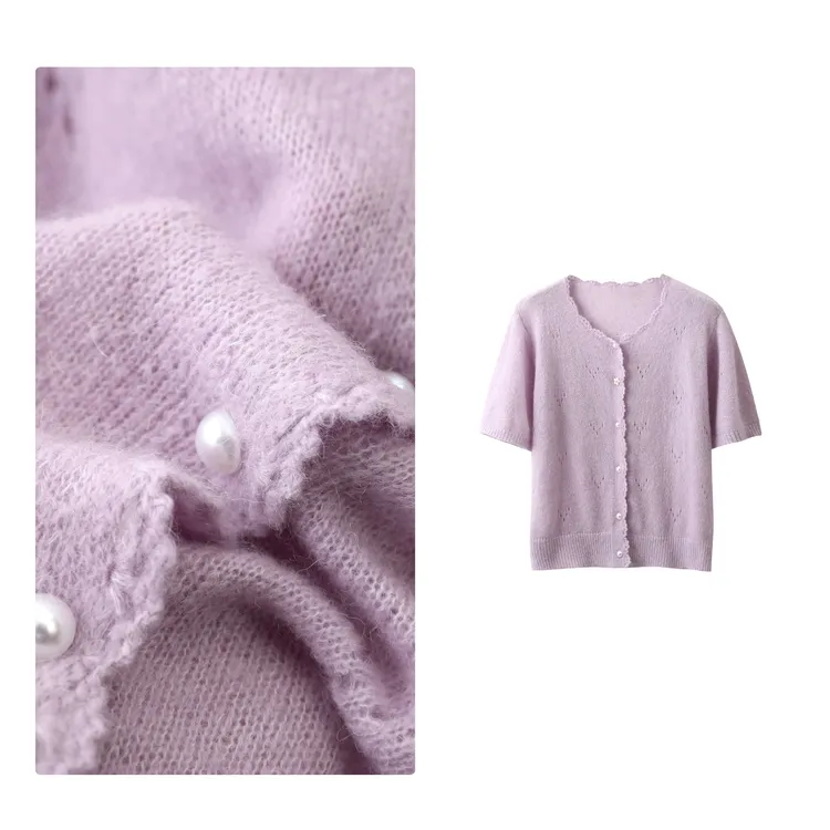 B 门店42&9！嵿配纱线！轻而薄！超细绵羊毛雕花短袖针织开衫女T4468