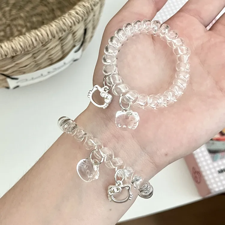 合金树脂手链 新款透明KT电话绳发圈可爱少女心卡通手链挂件发绳