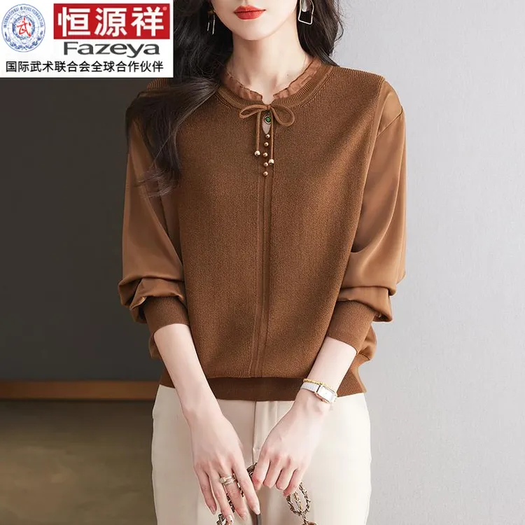 恒源祥集团木耳领蕾丝拼接针织衫上衣女2024秋季新款感洋气长袖妈