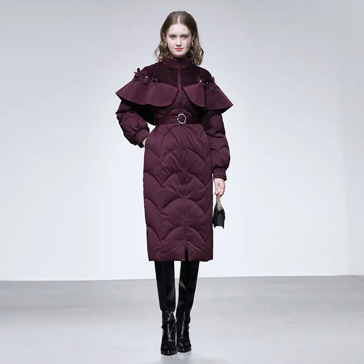 冬季立领小香粗花呢拼接立体花点缀系带收腰羽绒服H-DC10129345
