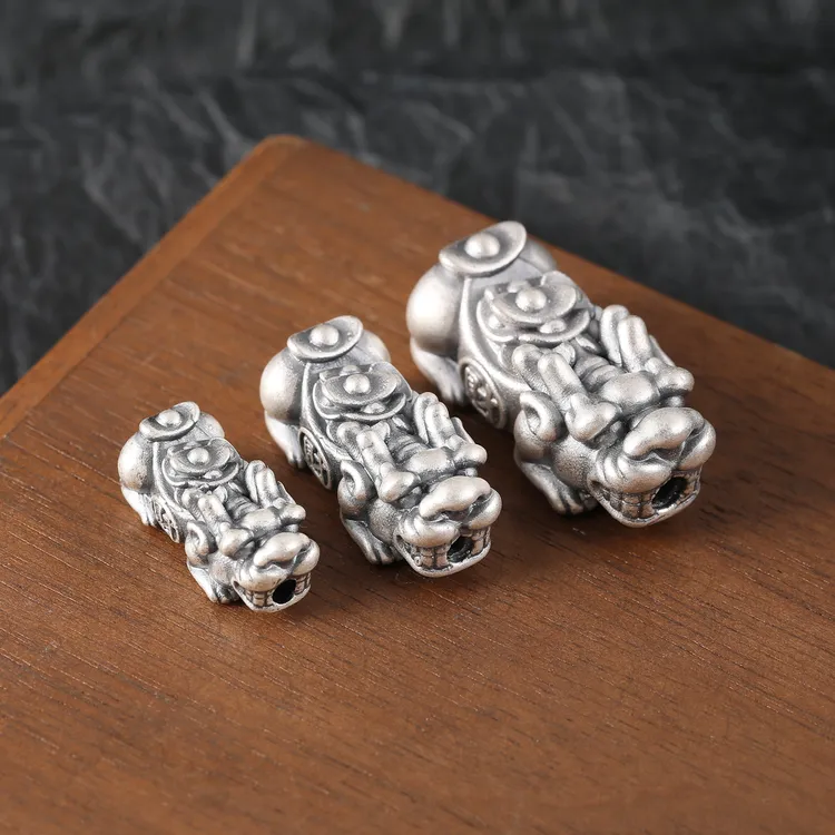 足银银制品 元宝铜钱招财貔貅配饰diy散珠隔珠红绳3D硬银配件