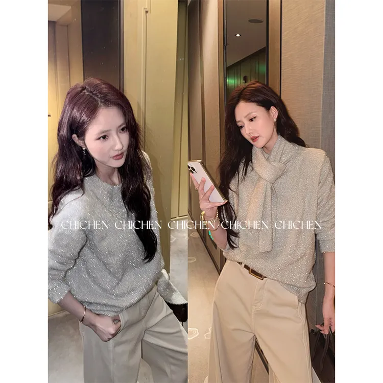 CHICHEN-暗夜鎏金-圆领针织高弹力套头毛衣