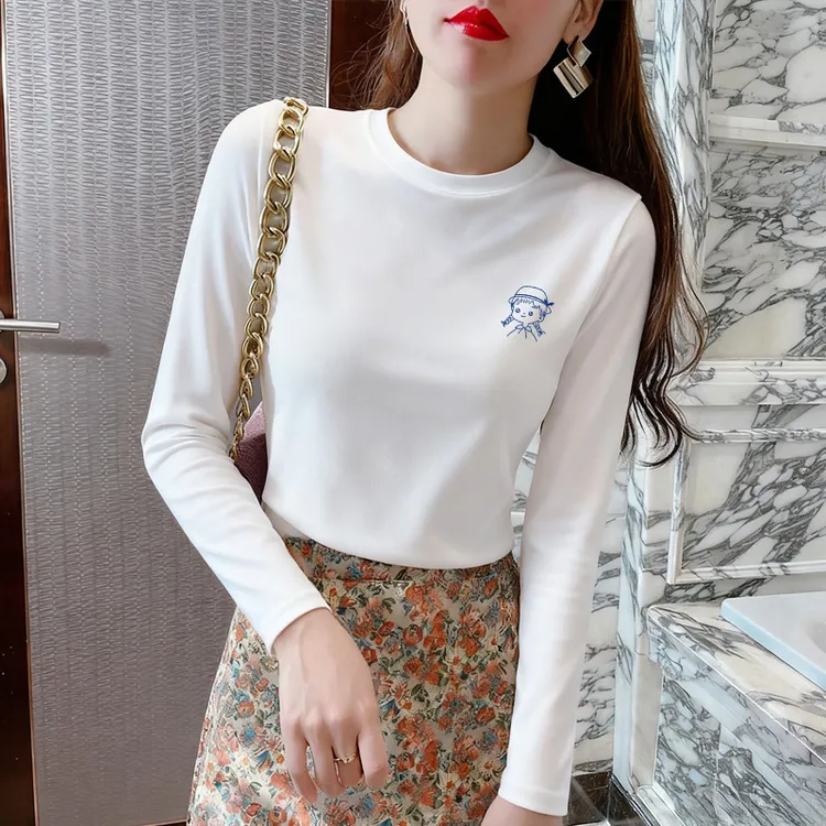 欧货白色圆领内搭打底衫女正肩新款秋冬休闲显瘦长袖t恤加绒上衣