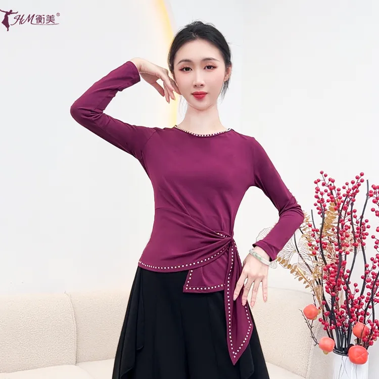 古典舞形体服时尚烫钻舒适圆领长袖成人打底衫上衣绑带式现代舞服