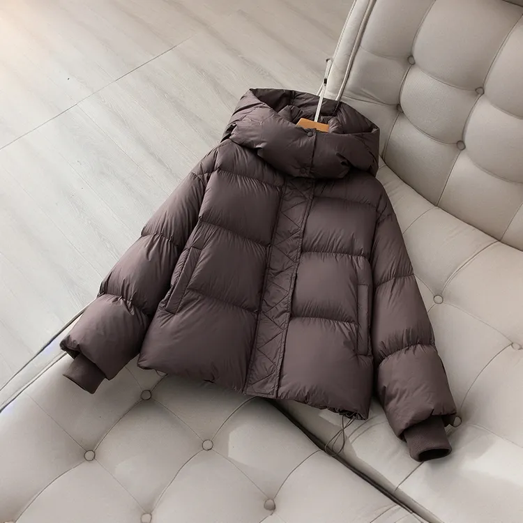 咖色连帽羽绒服女2025冬季新款小个子短款加厚云朵90白鸭绒面包服