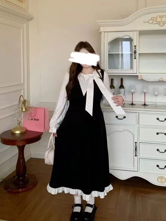 大码法式蝴蝶结假两件连衣裙女秋冬胖mm显瘦遮肚初恋感约会长裙子